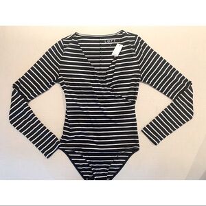NWT LOFT Navy & White Stripe Wrap Top Long Sleeve Bodysuit Size Small